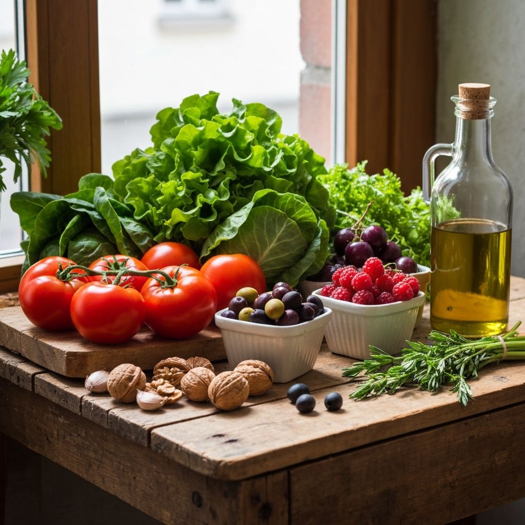 Fresh vegetables, fruits, and natural foods on a wooden surface