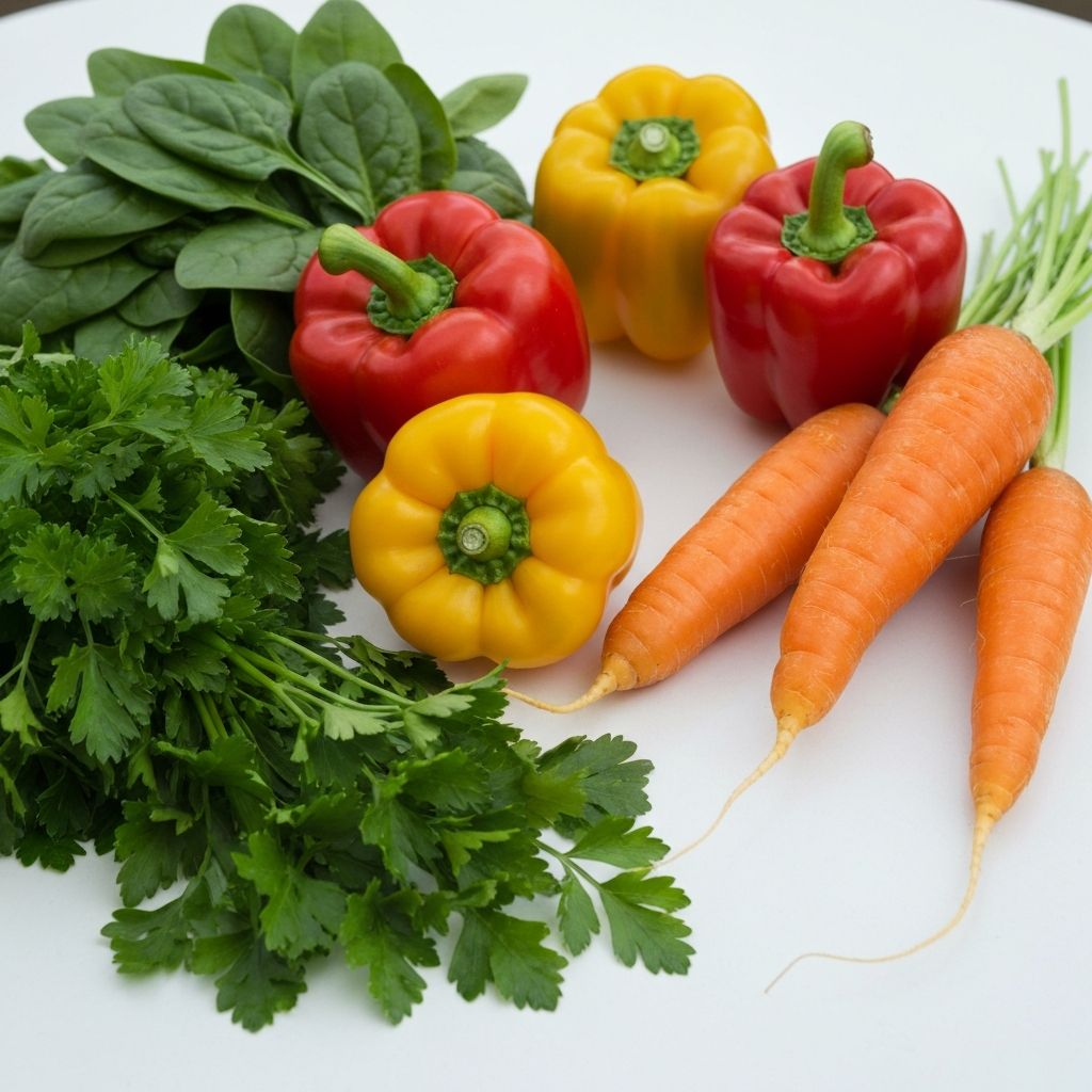 Variety of colorful vegetables and fresh herbs arranged on a table