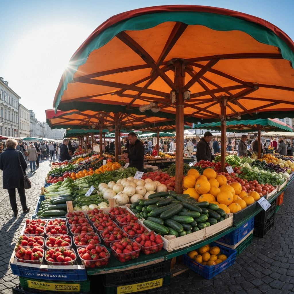 Warsaw market stall with fresh seasonal vegetables and fruits